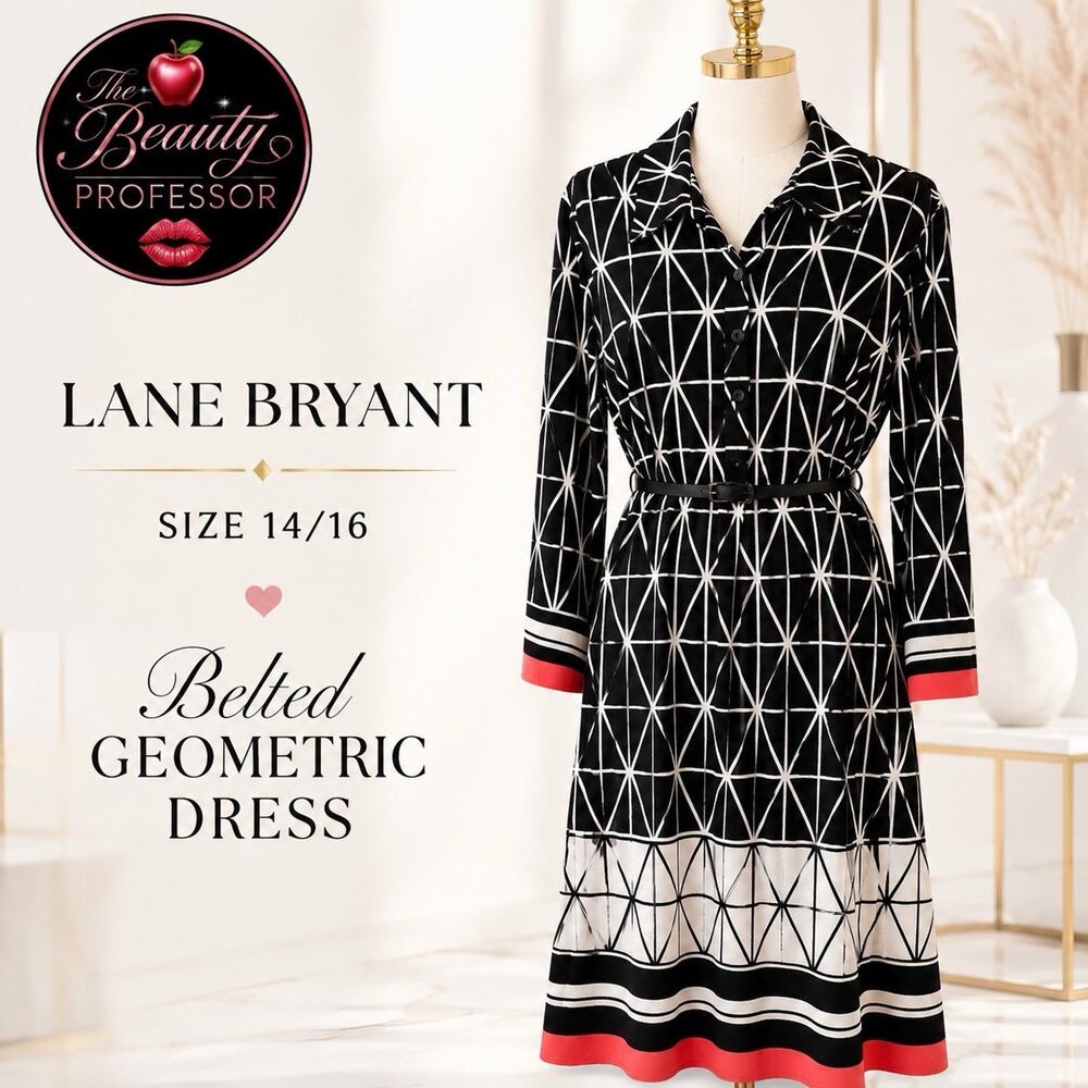 💞 Lane Bryant 14/16 Black White Geometric Belted Shirt Dress Coral Trim